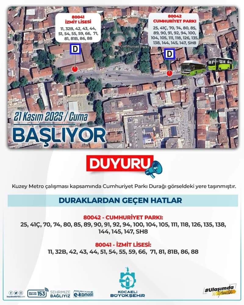 İzmit'te Cumhuriyet Parkı Otobüs Durağı Taşındı!